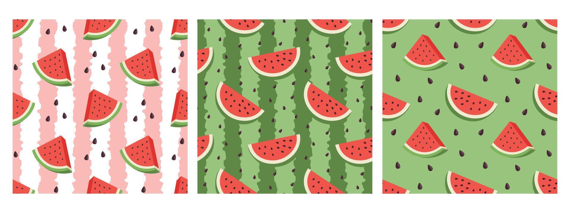 Set of seamless patterns with watermelons, watermelon slices, watermelon rinds and seeds. Green and fresh watermelon texture background vector