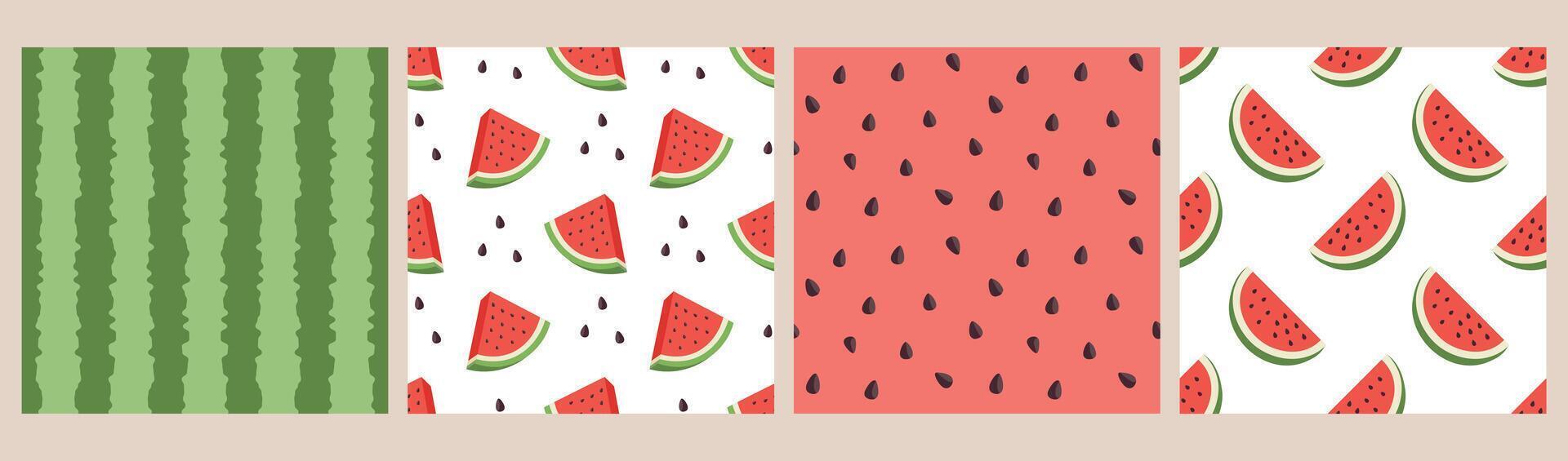 Set of seamless patterns with watermelons, watermelon slices, watermelon rinds and seeds. Green and fresh watermelon texture vector
