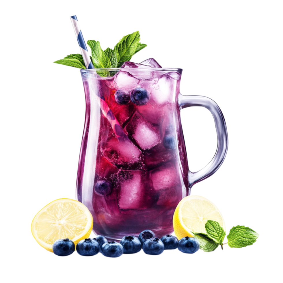 Cold Blueberry Lemonade with Ice and Mint Leaves png