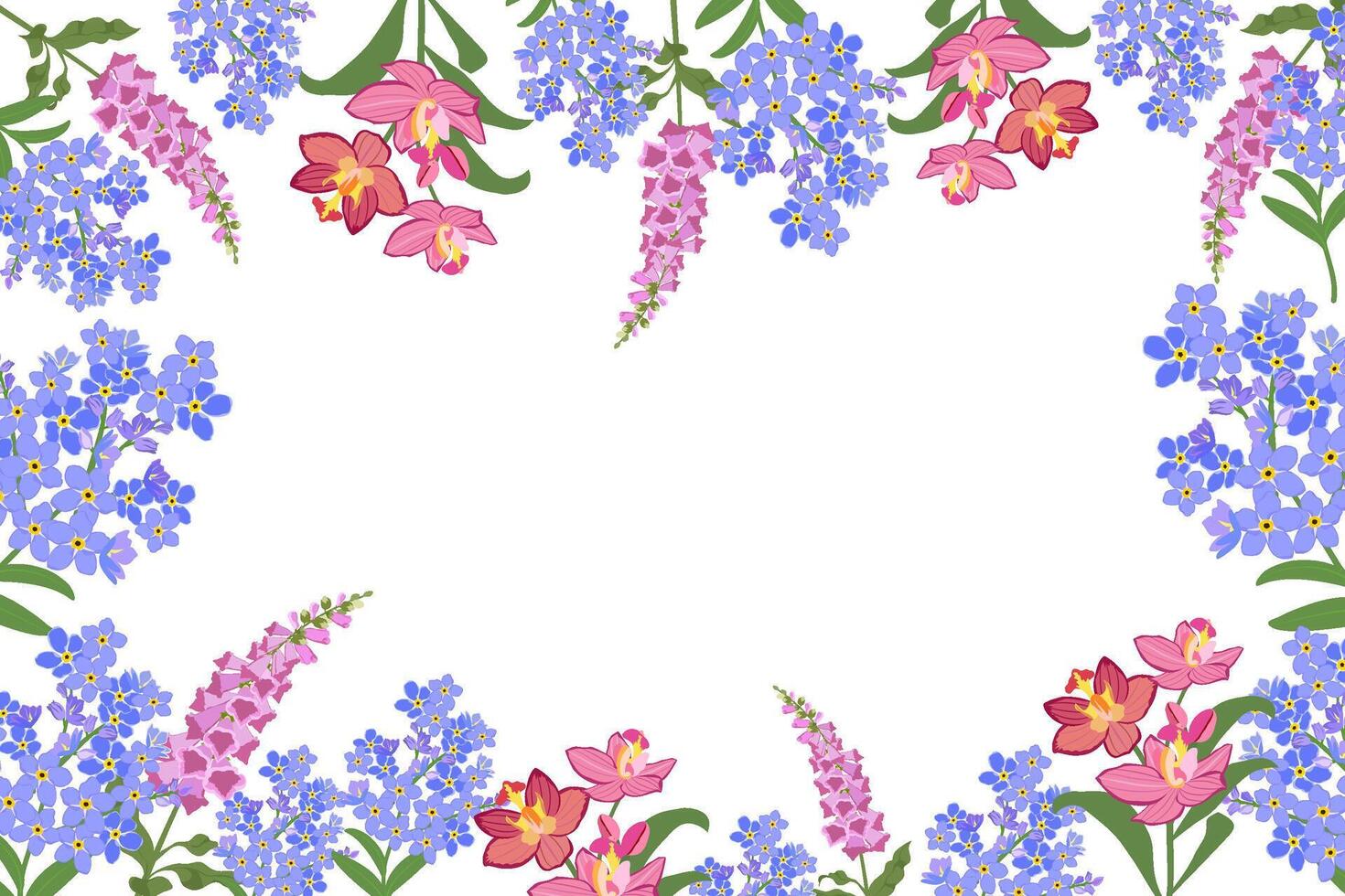 A floral frame with forget-me-not flowers in blue and purple hues arranged around transparent background. flat style,decorative border for invitations, greeting cards,poster,banner vector