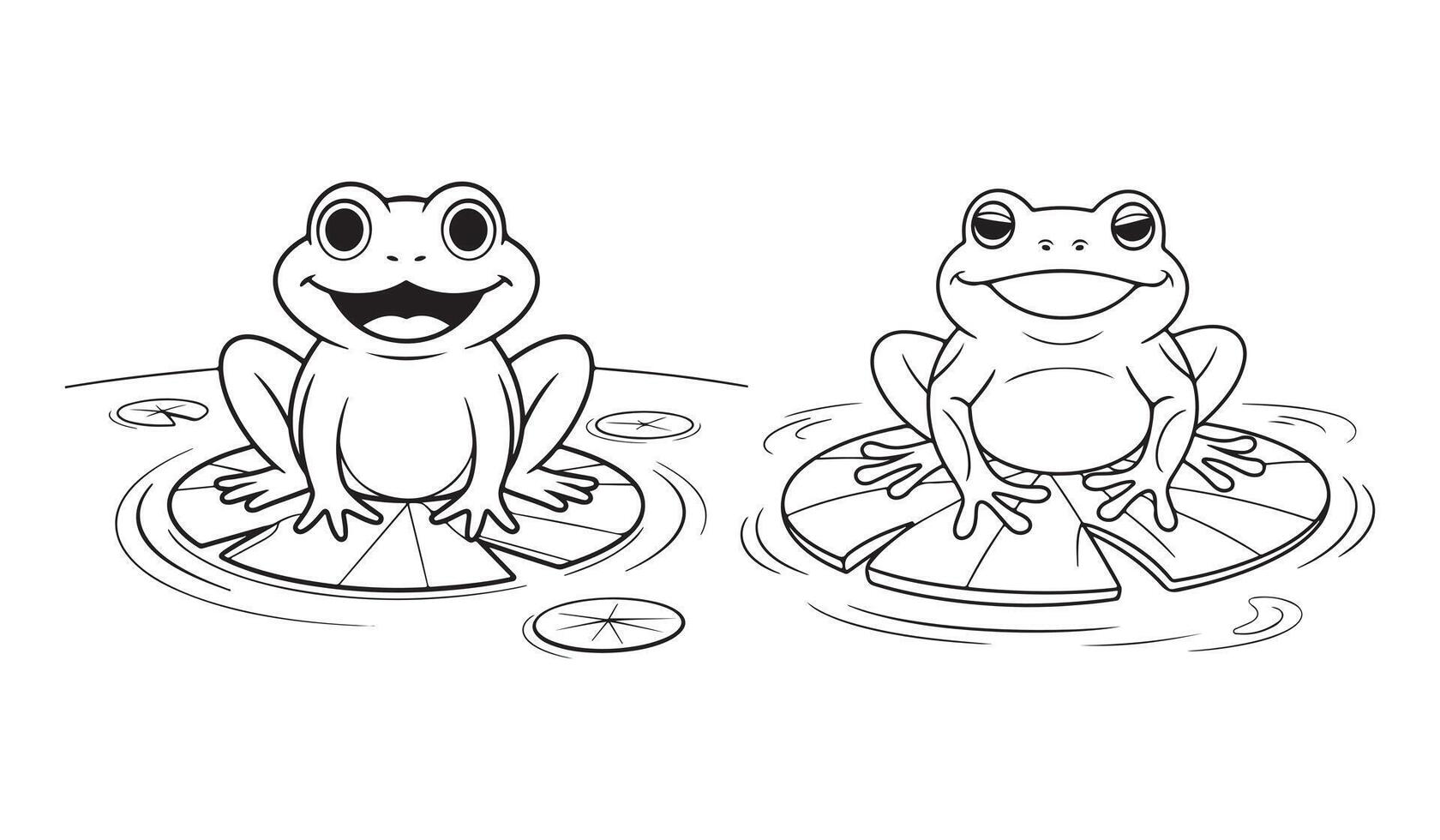 Two cheerful cartoon frogs sitting on lily pads, ready for coloring. vector