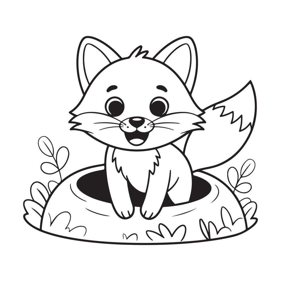 Cute Black and White Coloring Page of a Fox in a Burrow vector