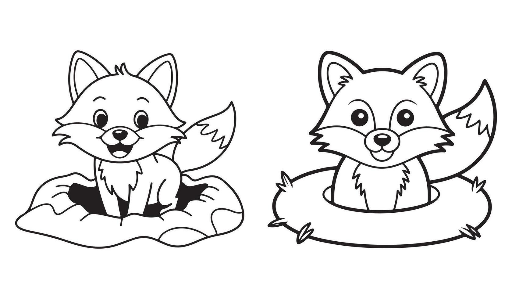 Cute Cartoon Foxes in Different Settings - Coloring Page vector