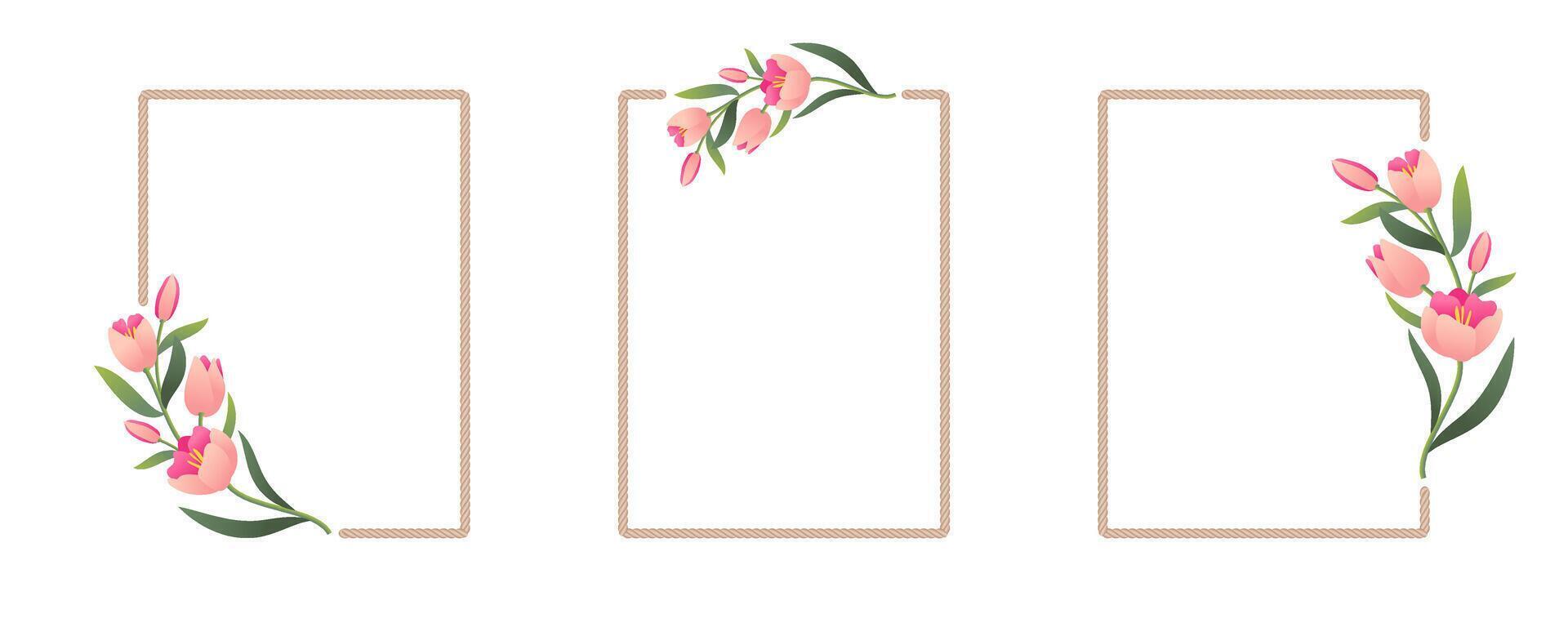 Minimalist tulips and rope frame. Elegant floral rectangle borders template set for wedding, cards, invitations, prints and more. vector