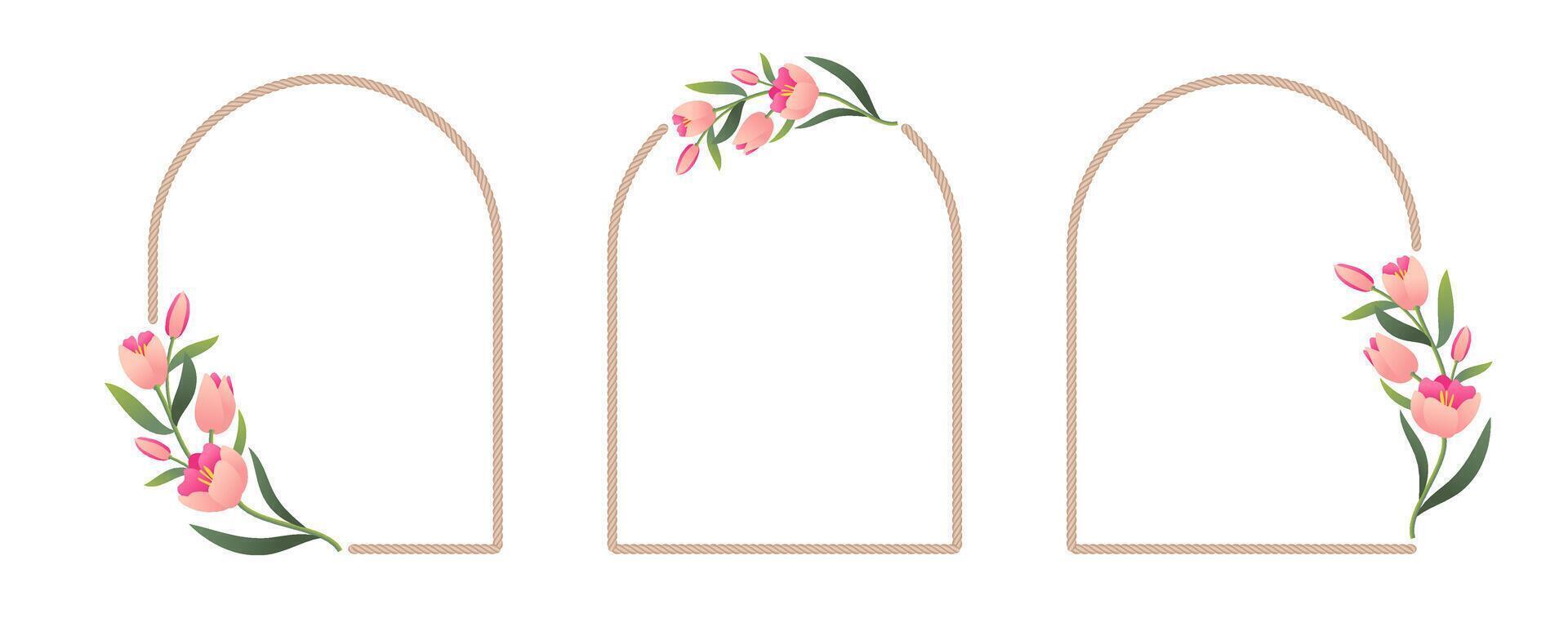 Minimalist tulips and rope frame. Elegant floral arch borders template set for wedding, cards, invitations, prints and more. vector