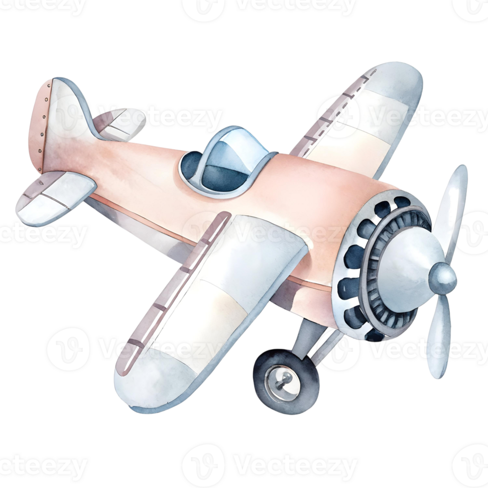 Watercolor illustration of a light pink and white airplane with a propeller on a transparent background png