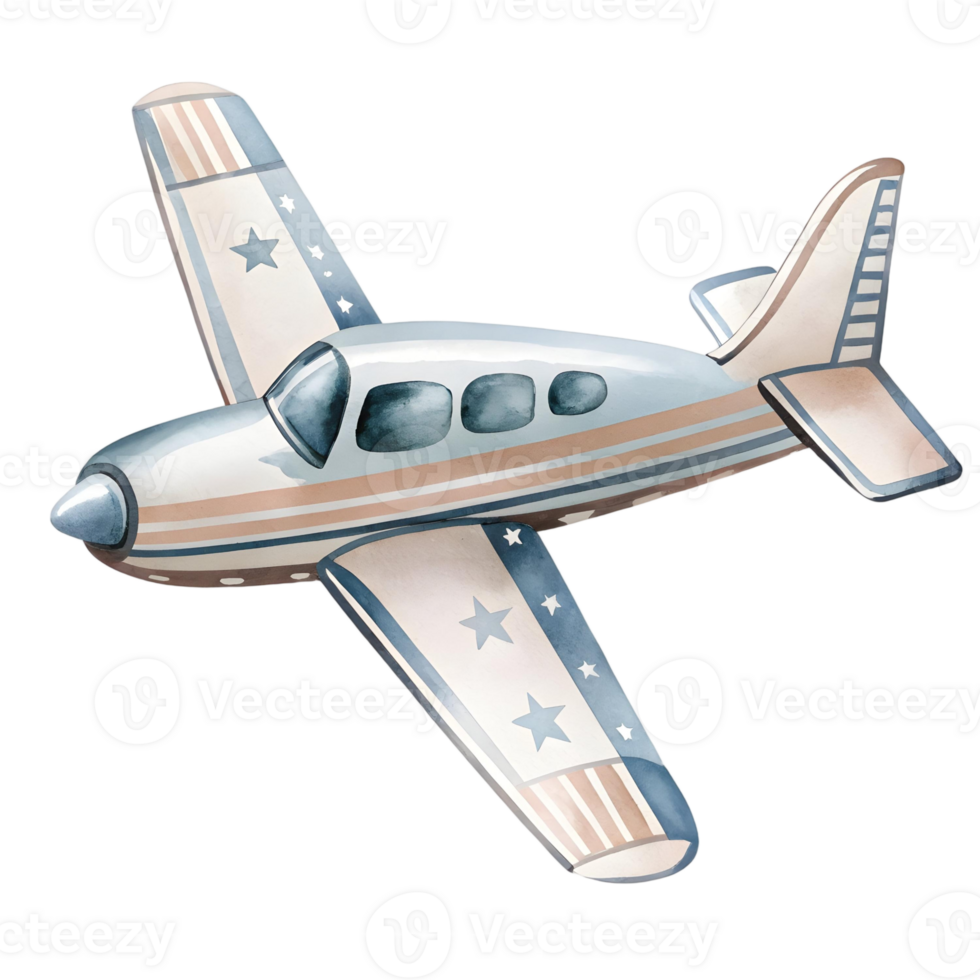 Watercolor illustration of a light silver airplane with stars on a transparent background isolated png