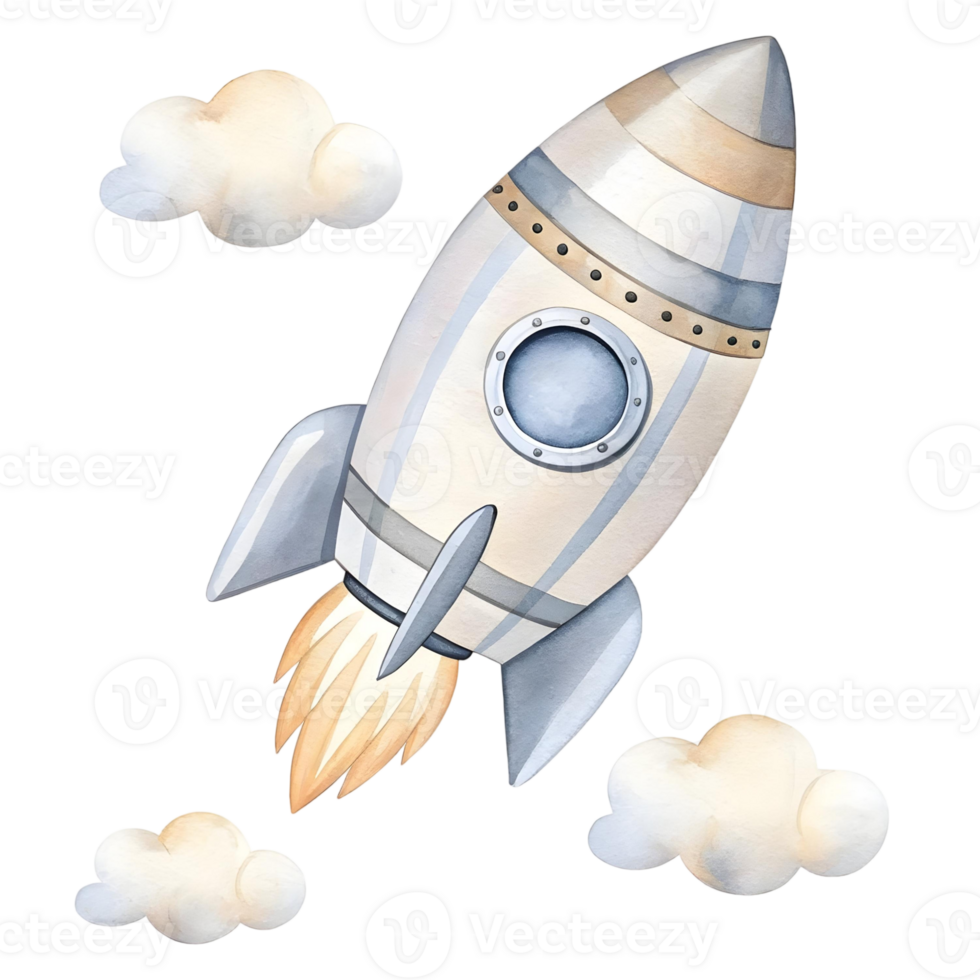 Adorable Watercolor Rocket Ship Soaring Through Fluffy Clouds png