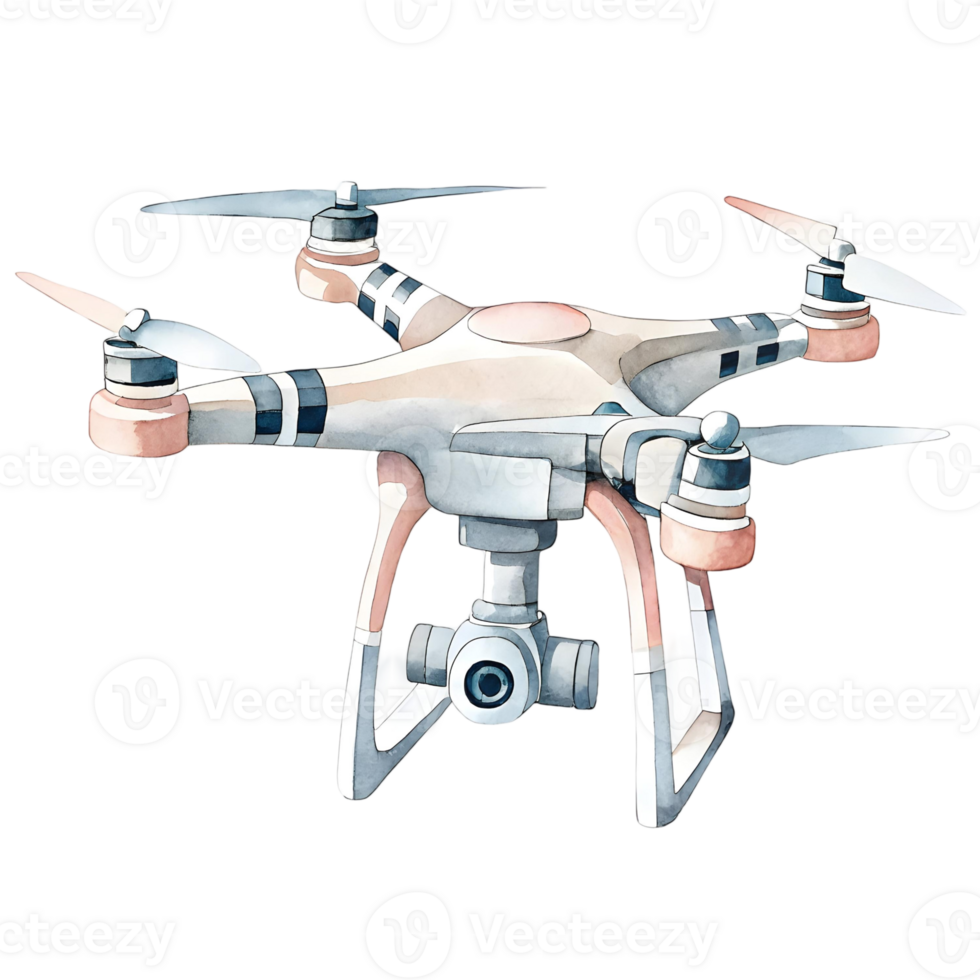Watercolor illustration of a drone with propellers and camera png