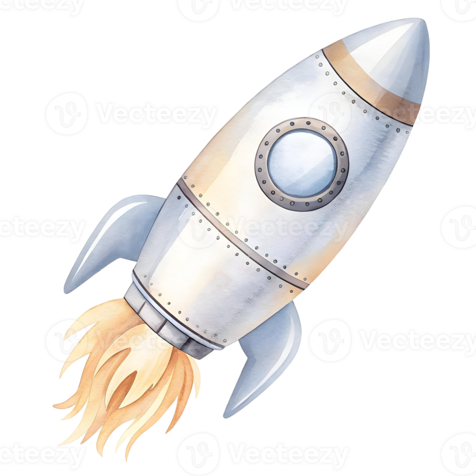 Illustration of a silver rocket ship with flames blasting off on a transparent background in the air png