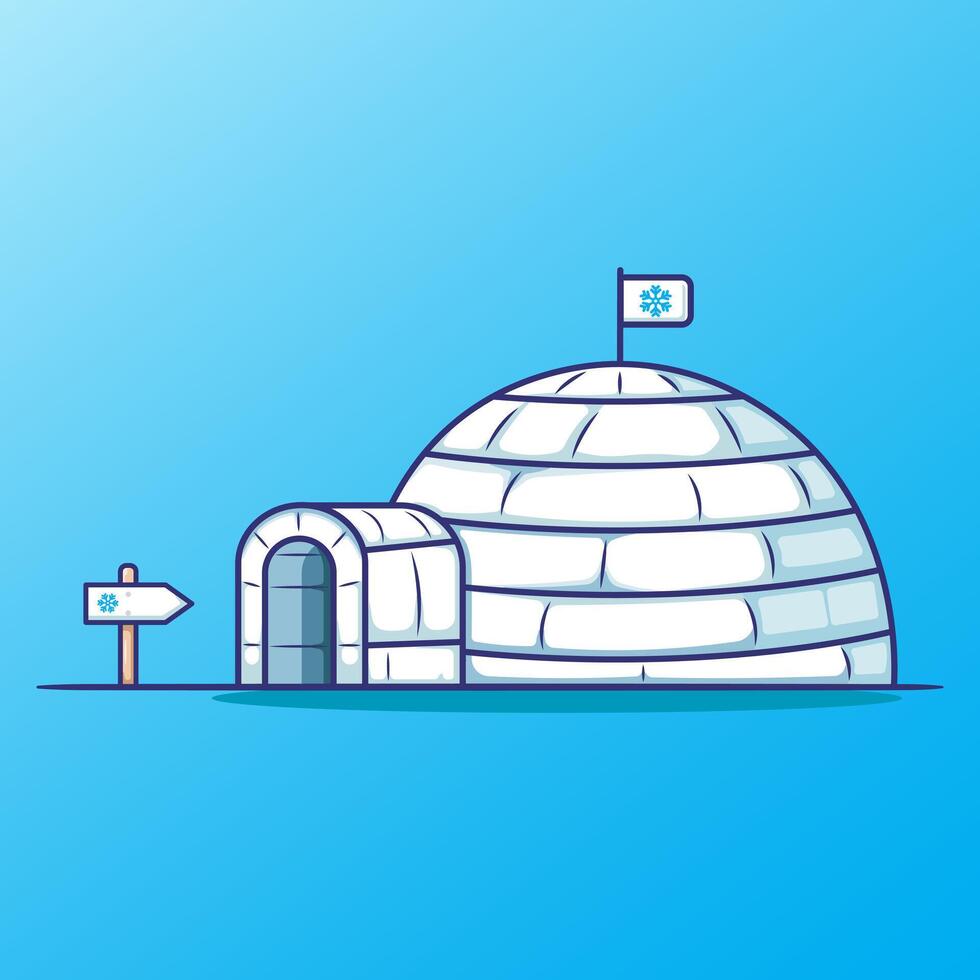 Draw Igloo ice house cartoon illustration with sign board in winter season. flat cartoon for winter element vector