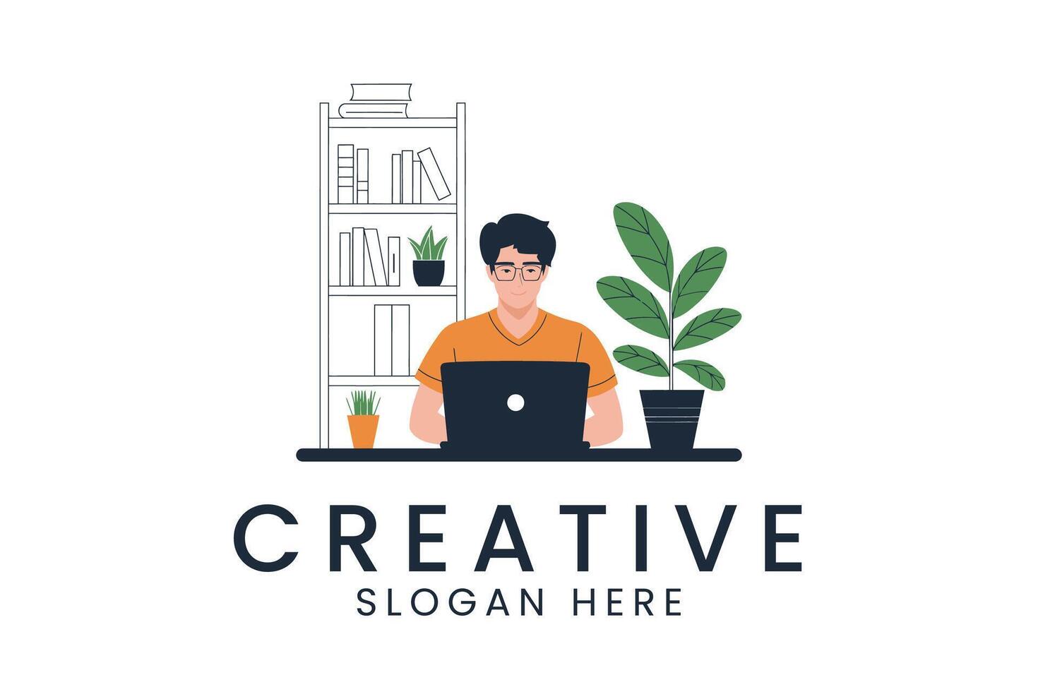 Young Man Working on Laptop Creative Design Home Office art flat desk style vector