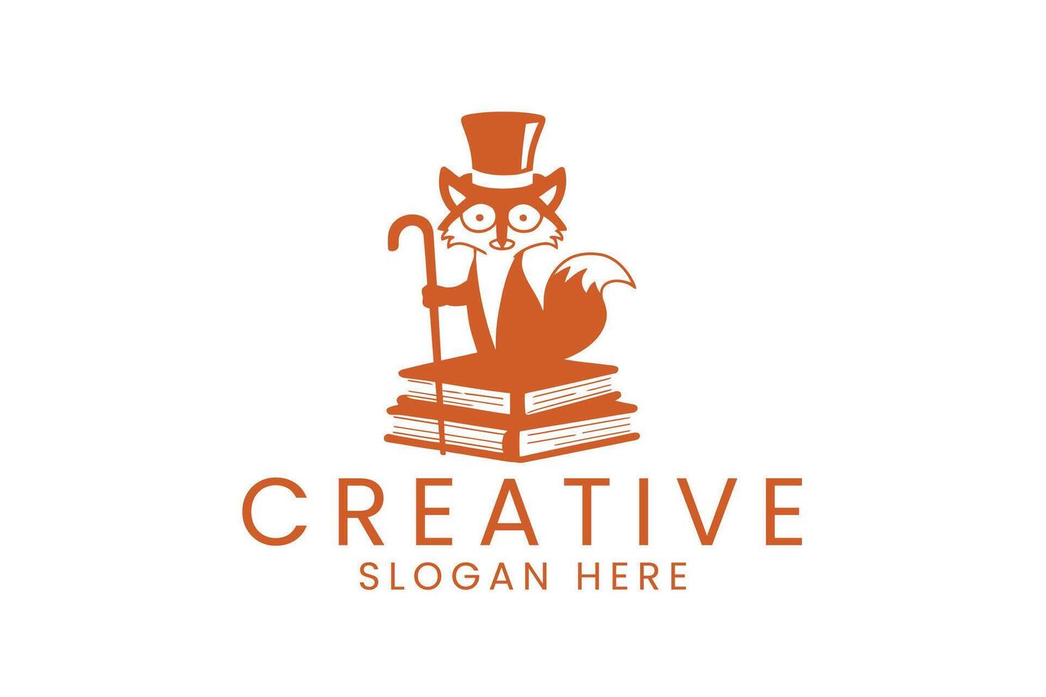 Elegant Fox Gentleman on Books Creative Logo Design icon cane cute brown smart vector