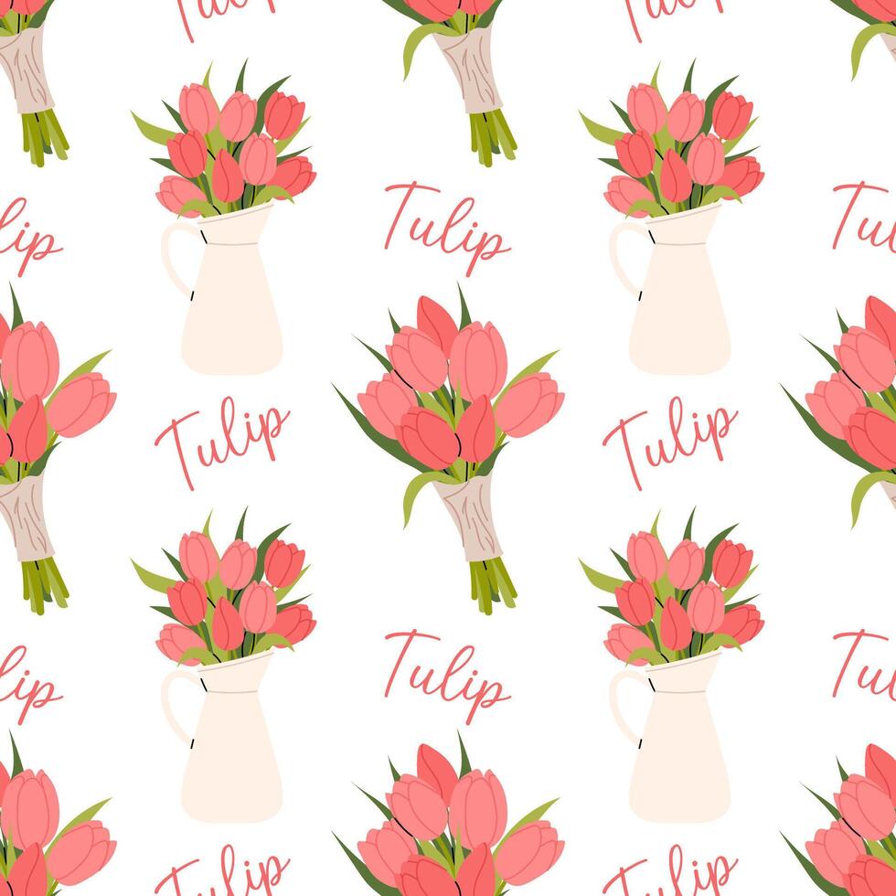 Seamless pattern with delicate tulip bouquets on white background. Spring flowers in jug. For textiles, packaging, wallpapers and elegant floral designs. vector