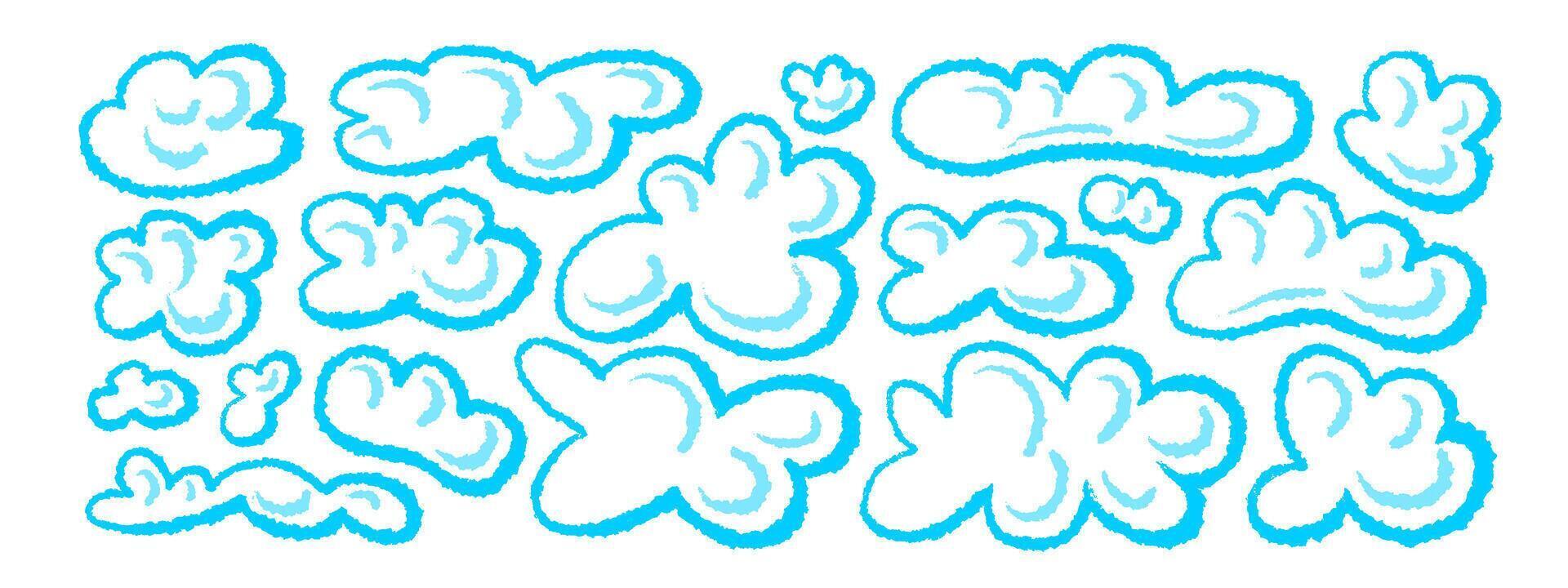Soft round cartoon fluffy blue cloud Chalk art set vector