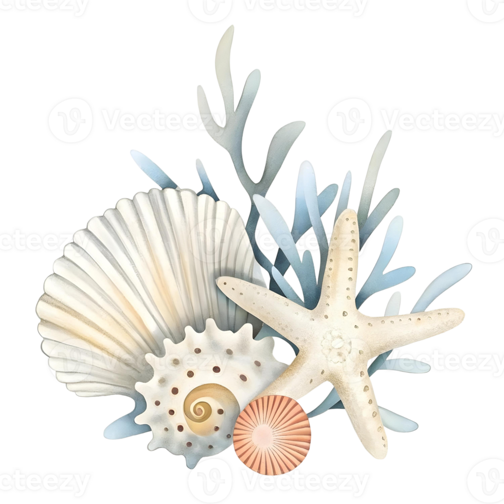 A watercolor illustration of seashells, a starfish, and blue coral on a transparent background art png