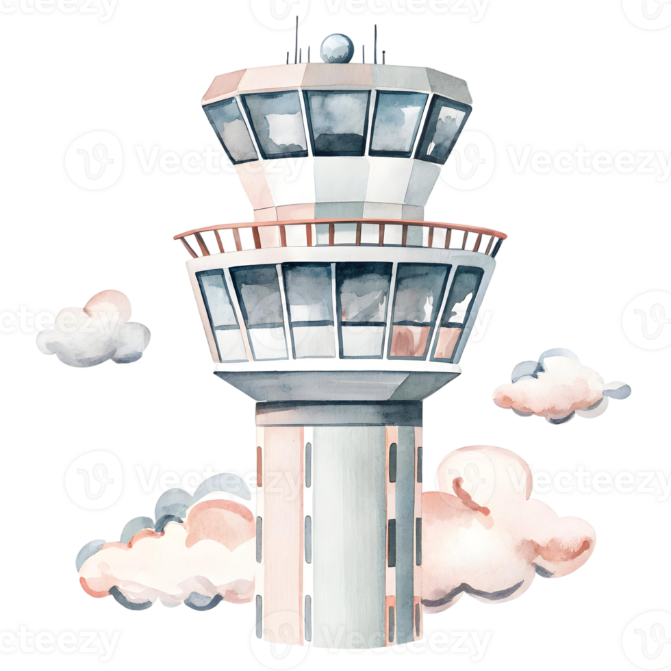 A Watercolor Painting of an Air Traffic Control Tower Surrounded by Clouds png