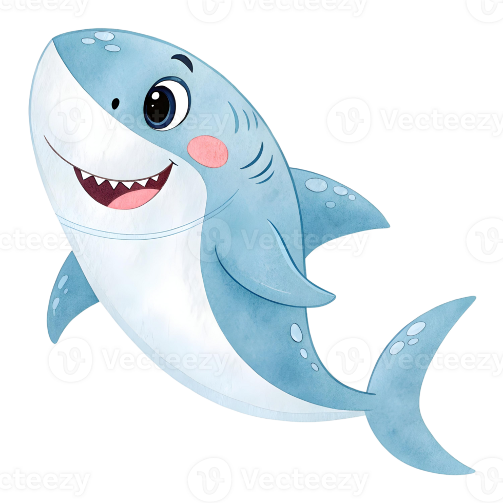 A cheerful cartoon shark with a friendly smile and light blue coloring on a transparent background png