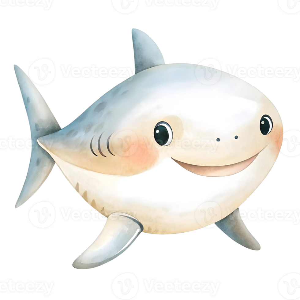 A cartoon illustration of a cute shark with a friendly smile and blush on a transparent background png