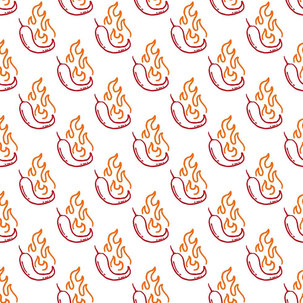 burning chilli pepper pattern. fire chilli pattern. hand drawn doodle chili. outline style chili pattern. hot chilli seamless pattern suitable for print, seasoning pack, or wrapping paper. vector