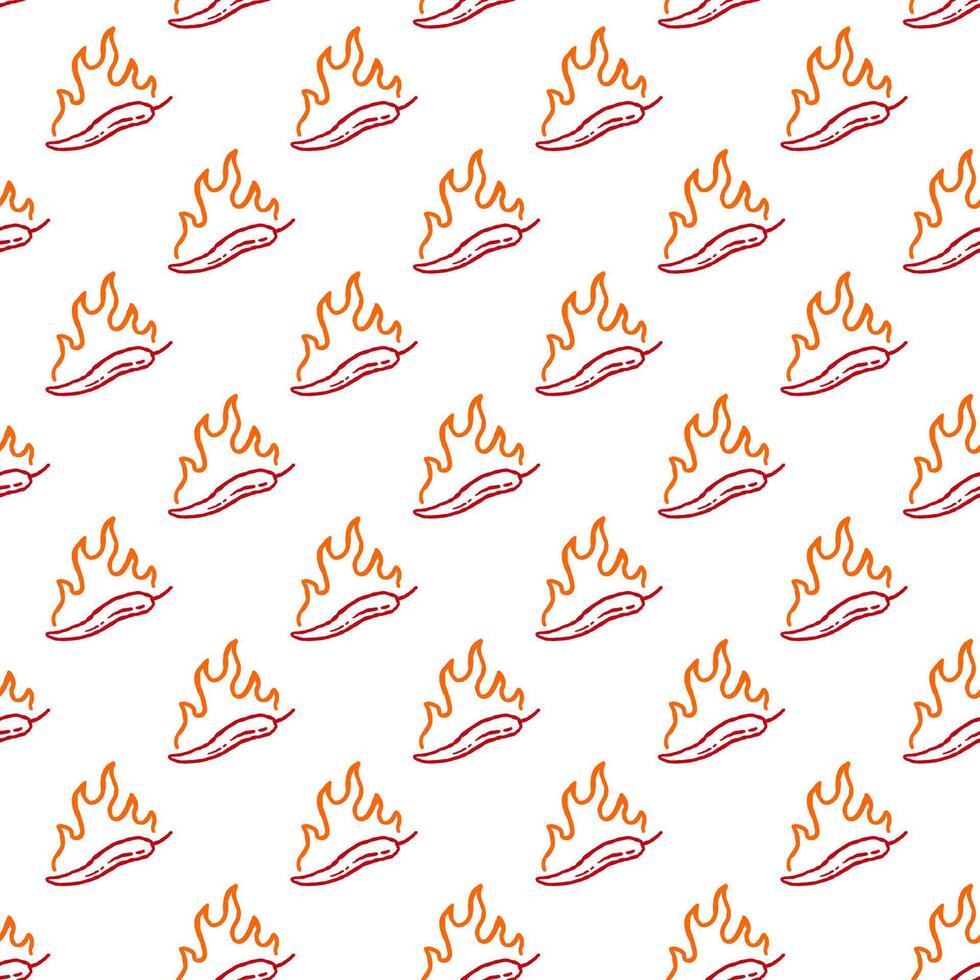 burning chilli pepper pattern. hot chilli seamless pattern suitable for print, seasoning pack, or wrapping paper. fire chilli pattern. hand drawn doodle chili. outline style chili pattern. vector