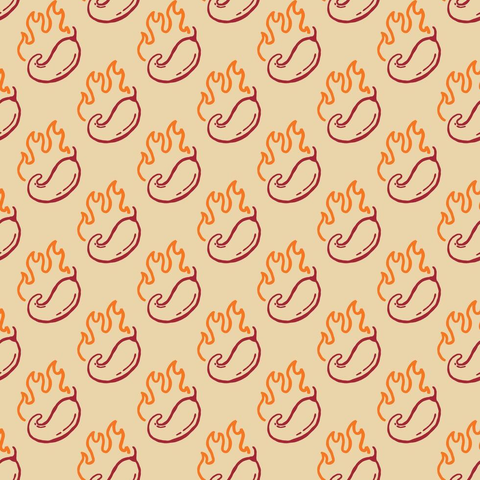 fire chilli pattern. hot chilli seamless pattern suitable for print, seasoning pack, or wrapping paper. burning chilli pepper pattern. hand drawn doodle chili. outline style chili pattern. vector