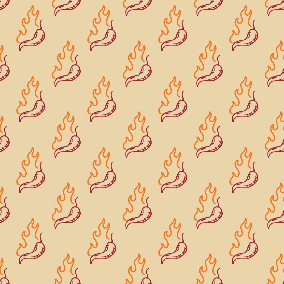fire chilli pattern. burning chilli pepper pattern. hot chilli seamless pattern suitable for print, seasoning pack, or wrapping paper. outline style chili pattern. hand drawn doodle chili. vector