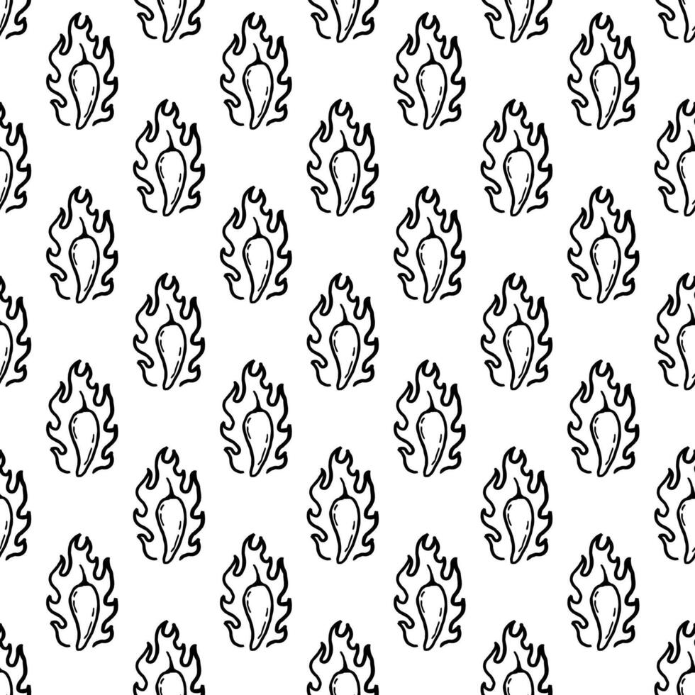 burning chilli pepper pattern. hot chilli seamless pattern suitable for print, seasoning pack, or wrapping paper. outline style chili pattern. hand drawn doodle chili. fire chilli pattern. vector