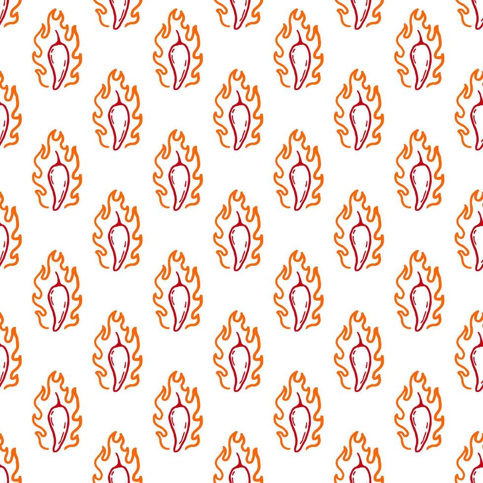 burning chilli pepper pattern. fire chilli pattern. hand drawn doodle chili. hot chilli seamless pattern suitable for print, seasoning pack, or wrapping paper. outline style chili pattern. vector