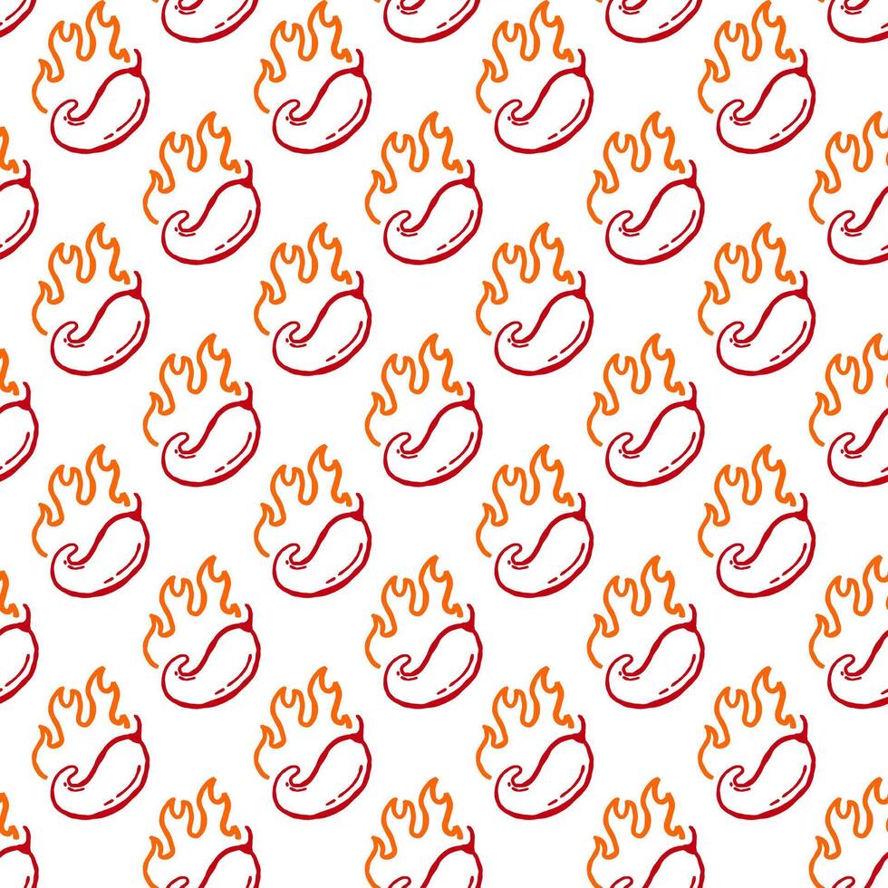 burning chilli pepper pattern. fire chilli pattern. outline style chili pattern. hot chilli seamless pattern suitable for print, seasoning pack, or wrapping paper. hand drawn doodle chili. vector
