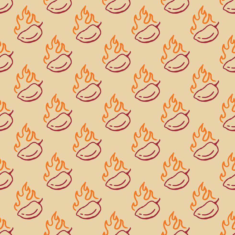 fire chilli pattern. hot chilli seamless pattern suitable for print, seasoning pack, or wrapping paper. burning chilli pepper pattern. outline style chili pattern. hand drawn doodle chili. vector