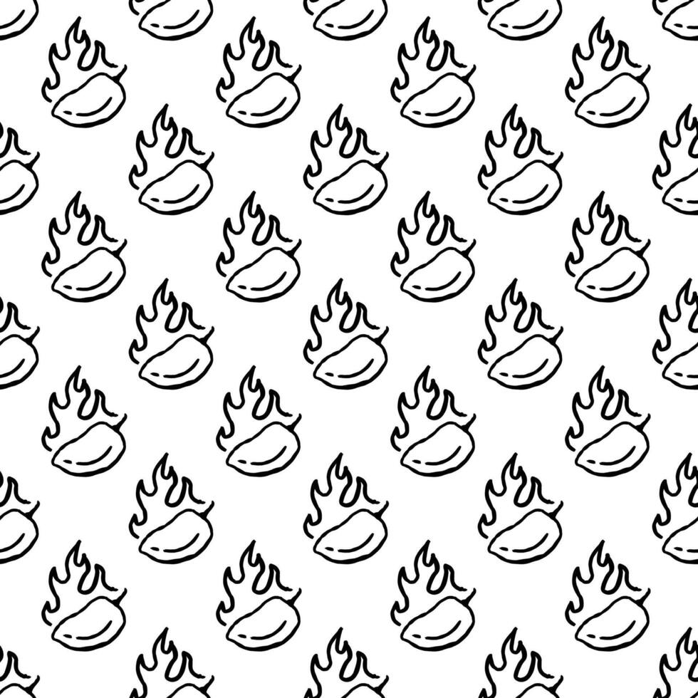 burning chilli pepper pattern. hand drawn doodle chili. hot chilli seamless pattern suitable for print, seasoning pack, or wrapping paper. fire chilli pattern. outline style chili pattern. vector