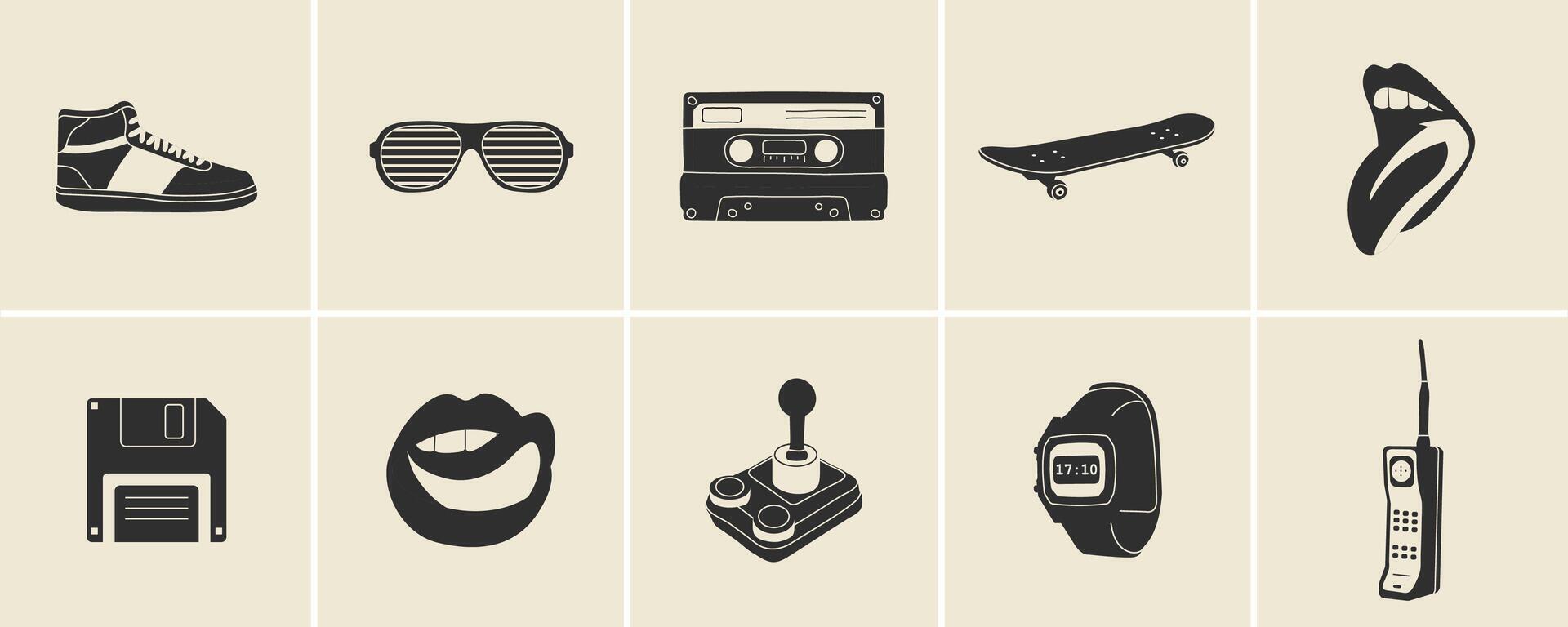 Classic 80s 90s elements in flat line style. Hand drawn illustration skate board, cassette, sneaker, sunglasses, mouth with tongue, floppy disk, watches, phone. Fashion patch, badge, emblem. vector