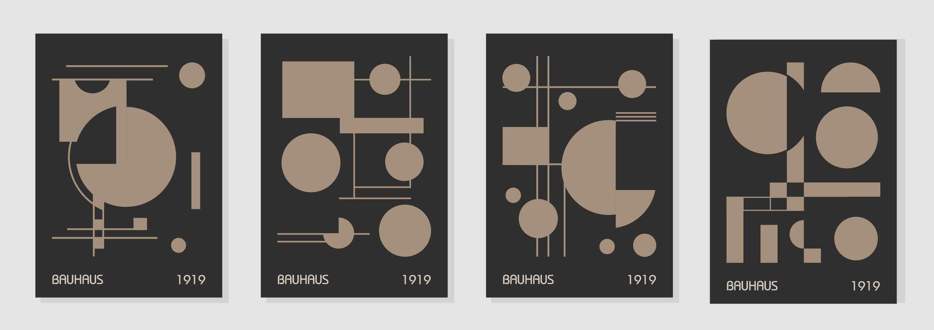 Set of 4 minimal vintage 20s geometric design posters, wall art, template, layout with primitive shapes elements. Bauhaus retro pattern background, abstract circle, triangle vector