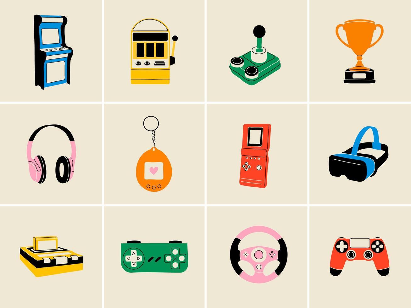 Gaming modern and retro elements in flat line style. Hand drawn illustration Headphones, Game Console, Controller, Slot and Arcade Machine, Logic Game, Joystick, VR glasses, Wheel, Trophy Cup vector
