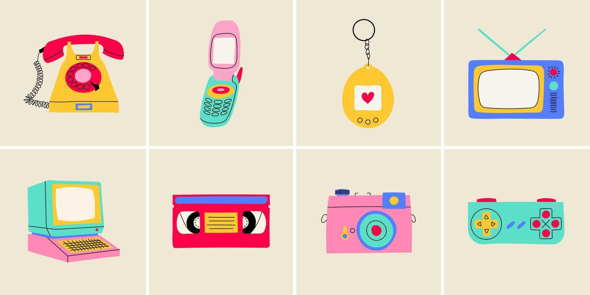 Classic 80s 90s elements in flat line style. Hand drawn illustration telephone, flip mobile phone, tamagotchi, TV, computer, cassette, camera, game controller. vector