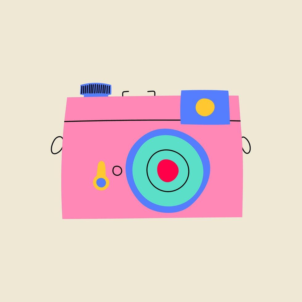 Vintage photo camera illustration, flat line style. Hand drawn graphic old technology element. vector