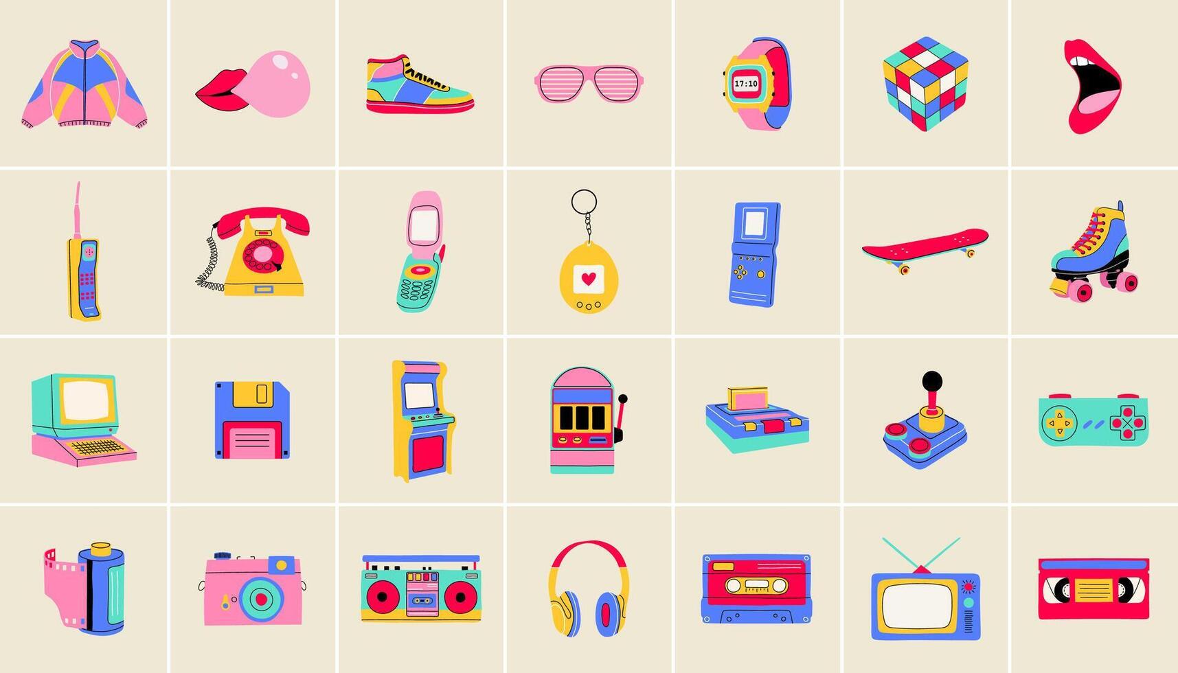 Collection of classic 80s-90s elements in modern style flat, line style. Hand drawn illustrations. Fashion patch, badge, emblem. vector