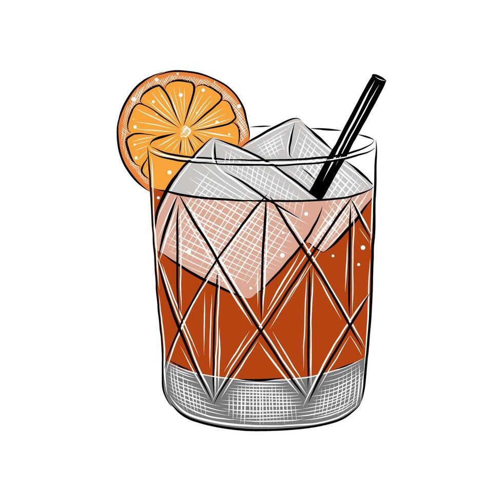 Negroni cocktail in a textured glass with ice cubes, orange slice garnish, and a straw. vector