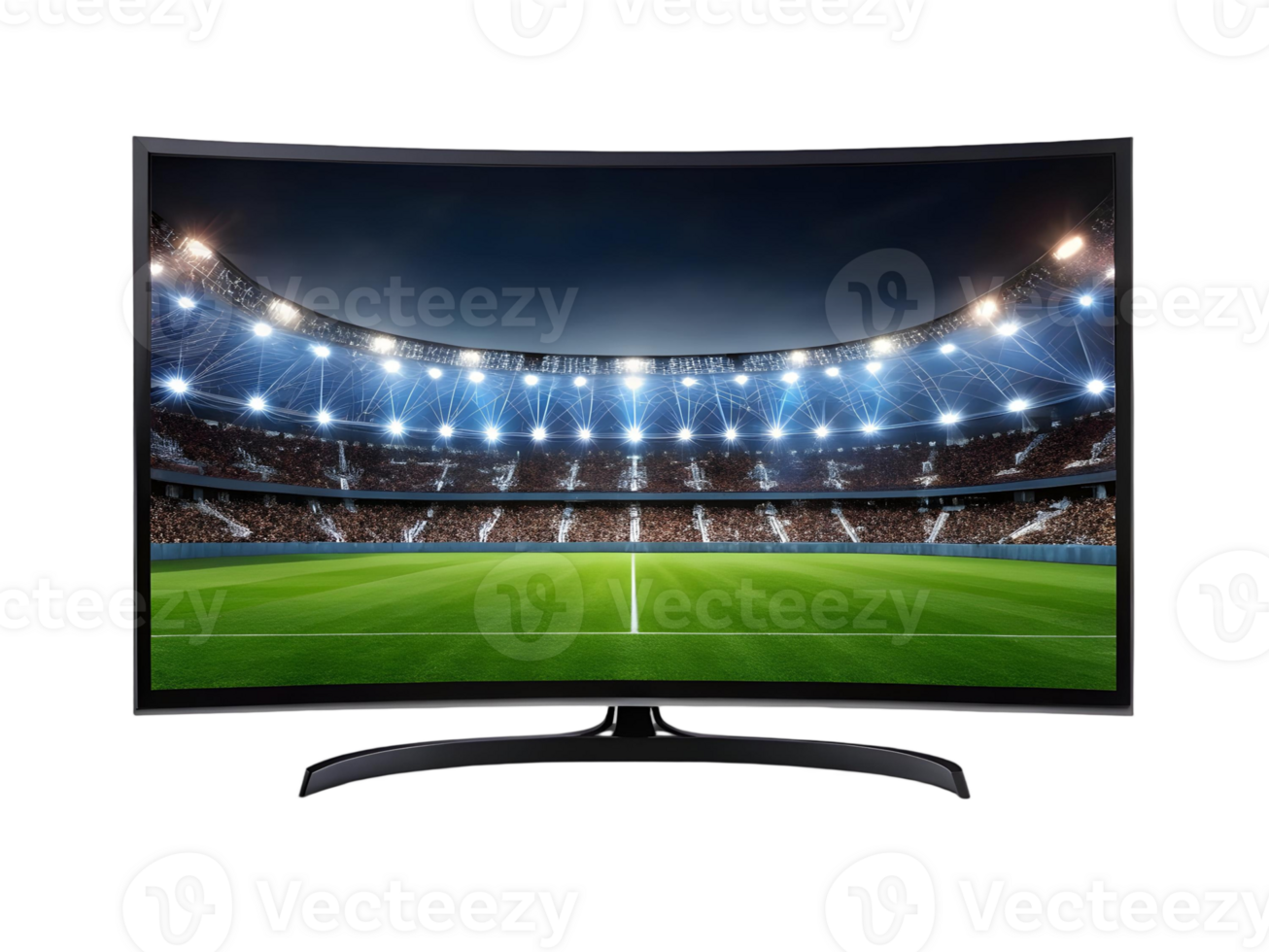A curved television displaying a soccer stadium with bright lights and a packed crowd at night time png