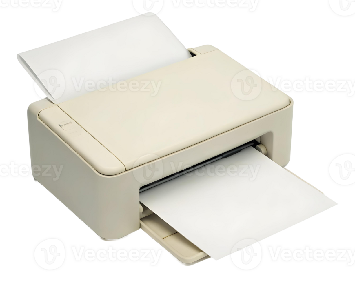 A beige printer with white paper inside and on top against a transparent checkered background view from above png