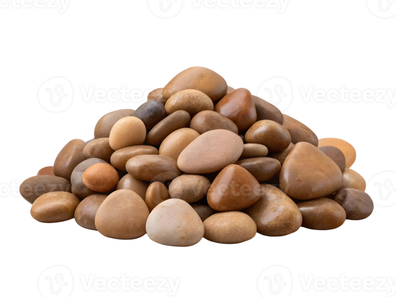 Pile of smooth, multicolored river rocks, predominantly browns and tans, isolated on transparent background png
