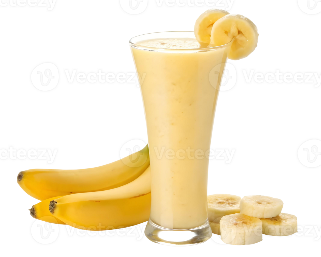Tall glass of creamy banana smoothie with banana slices, isolated on transparent background png