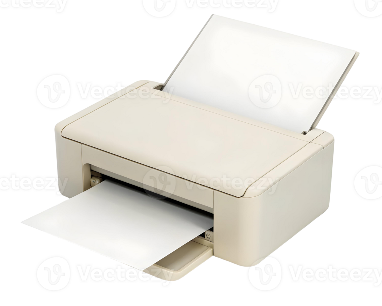 a beige printer with white paper inside and on top of it. the background is transparent checkered png