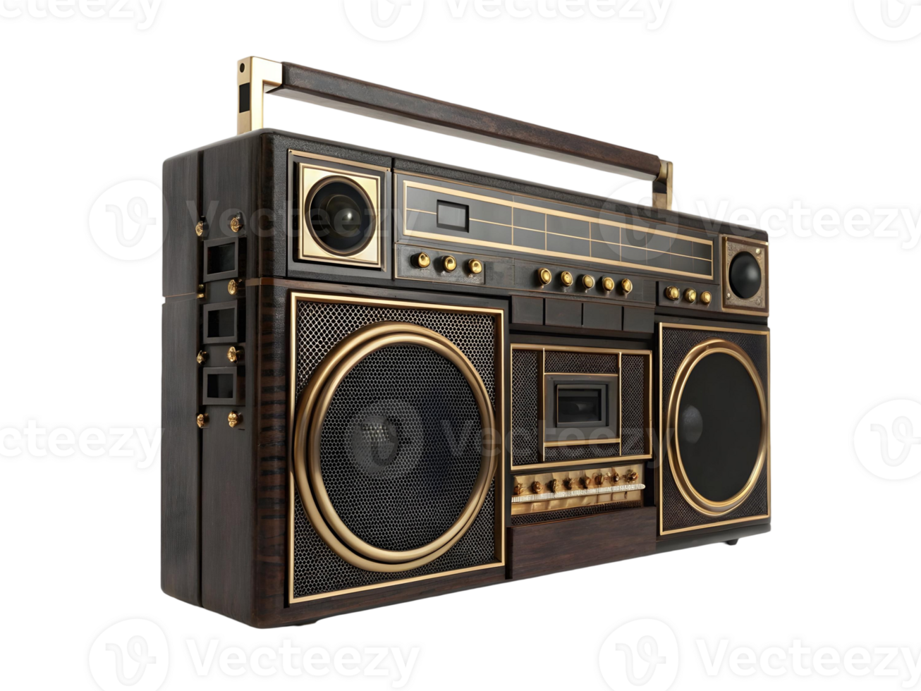 Vintage boombox with dark wood and gold accents a retro music player png