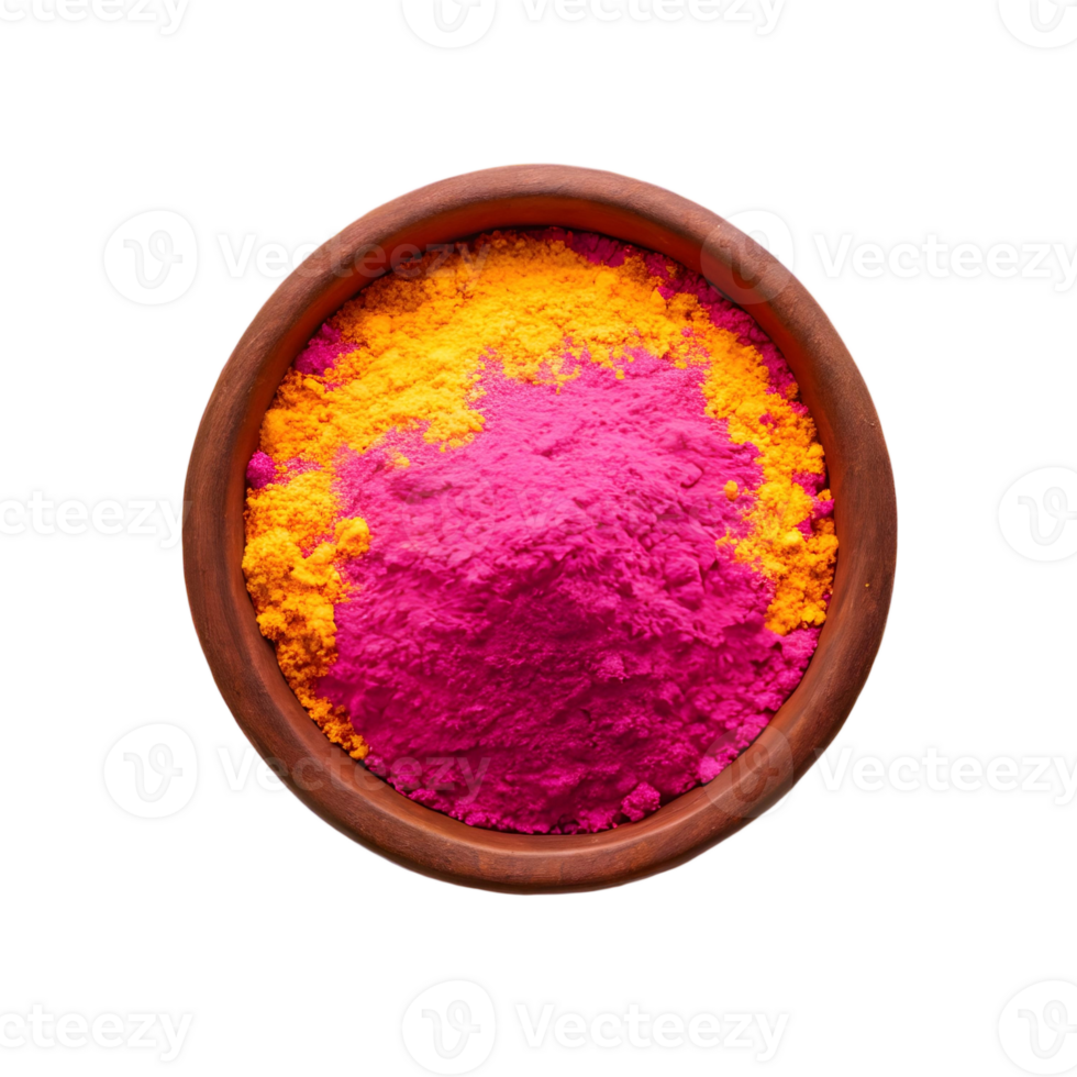 Aerial view of a brown bowl filled with pink and yellow powder on a transparent background isolated shot png