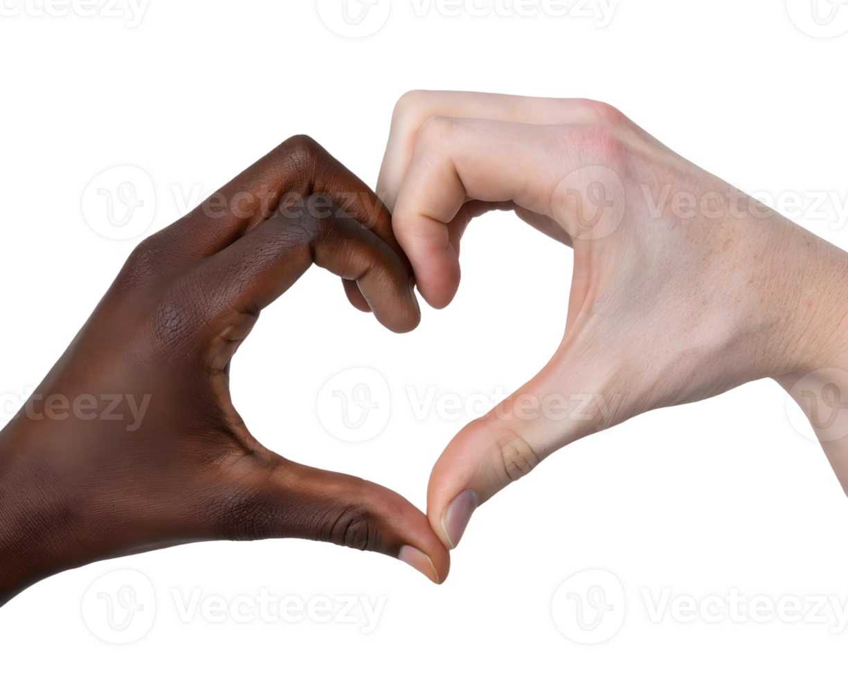 Black and white hands forming a heart shape against a transparent background showing diversity and unity png