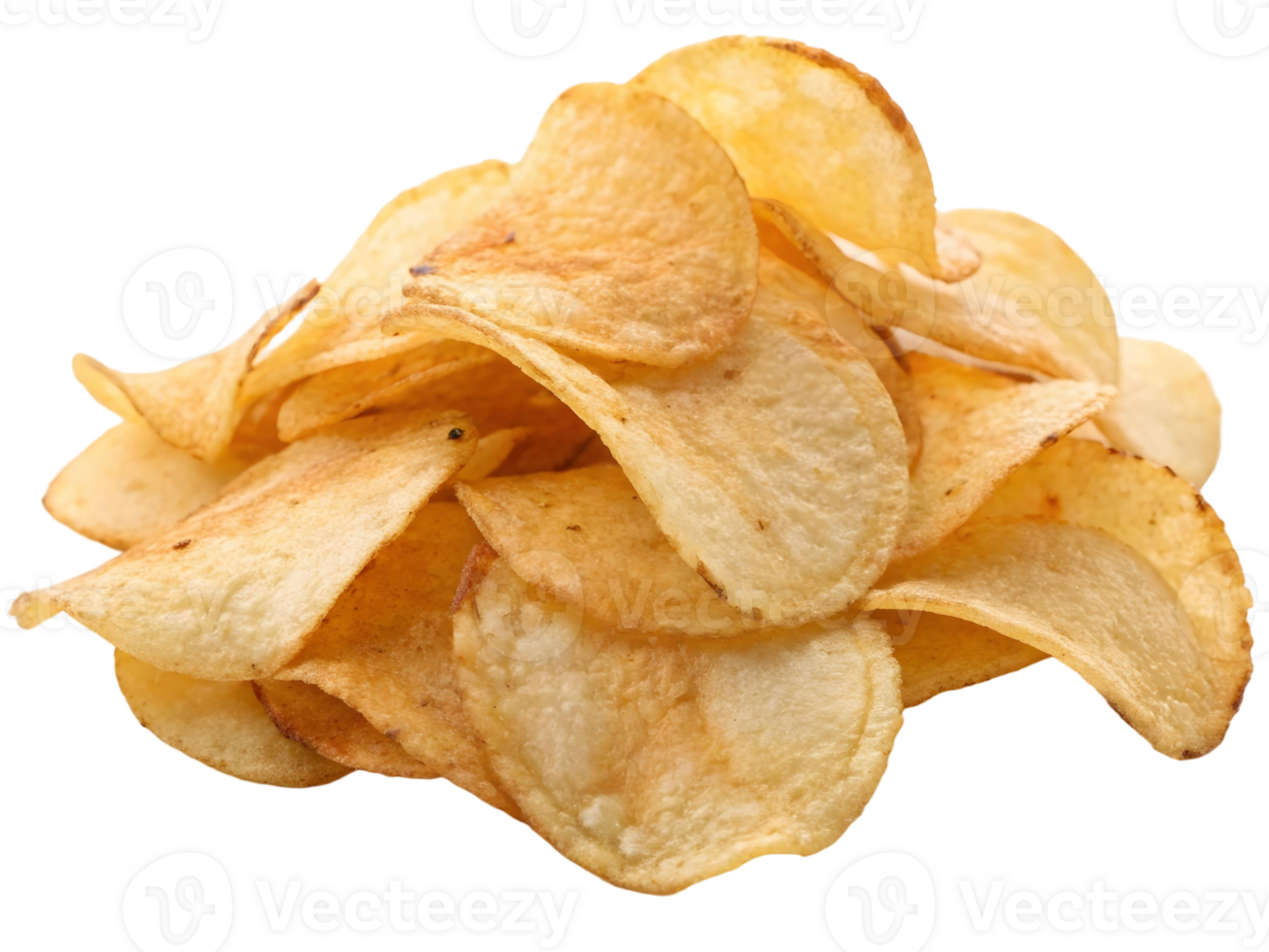 A pile of crispy potato chips on a transparent background ready to be used in any design work png