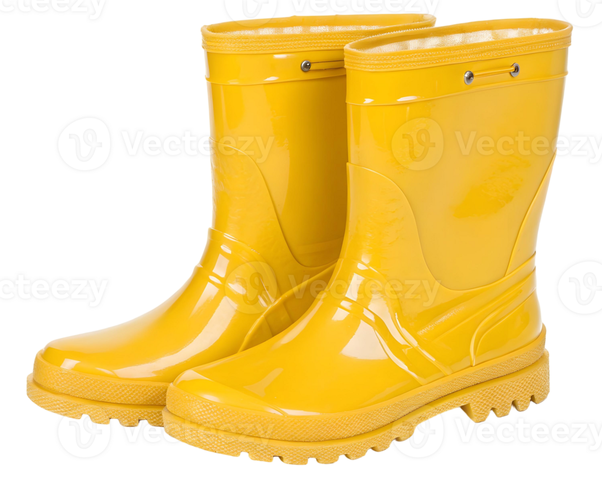 A pair of shiny yellow rubber rain boots with a transparent background in an eye level studio shot png