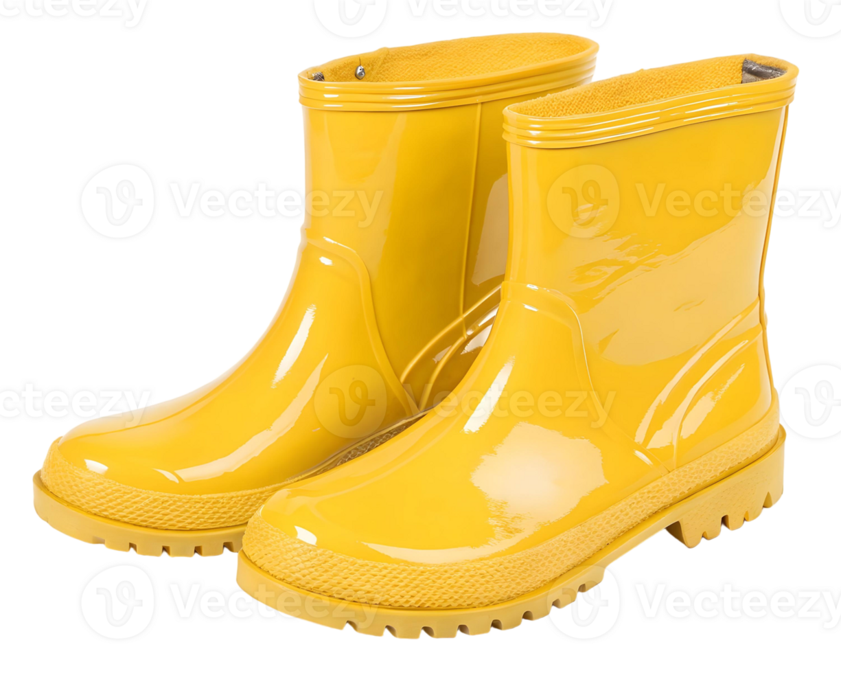 A pair of glossy yellow rain boots sitting next to each other on a solid transparent background studio shot png